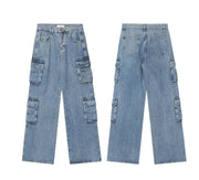 Retro Washed Multi-pocket Jeans Women's Overalls Straight Casual Pants
