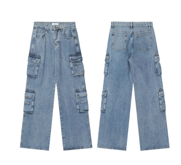 Retro Washed Multi-pocket Jeans Women's Overalls Straight Casual Pants