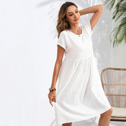 OL Temperament Cotton Linen Round-neck A-line Skirt Pocket Dress